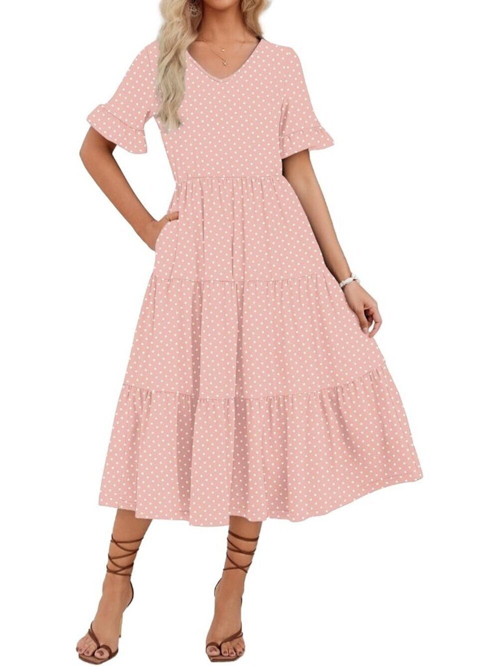 Zeagoo Women's Pink Round Dots Tiered Casual Neck Ruffle Short Midi Maxi Dress